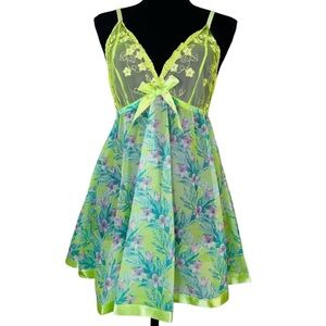 Lime Green Floral Lace Sequin Y2K Style Sheer Babydoll Lingerie Chemise Size 1X